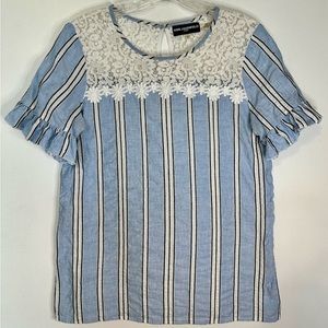 Karl Lagerfeld Paris‎ Laced striped light blue and white blouse small